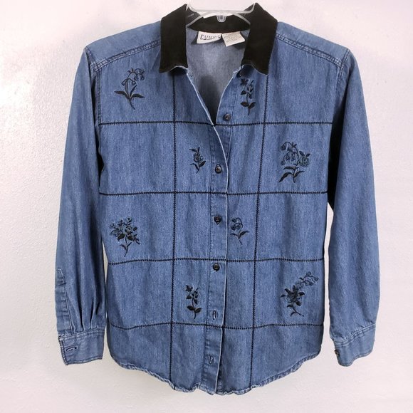 Capacity Women's Denim Blue Jean Black Floral Embroidered Shirt Top Blouse - Picture 1 of 12